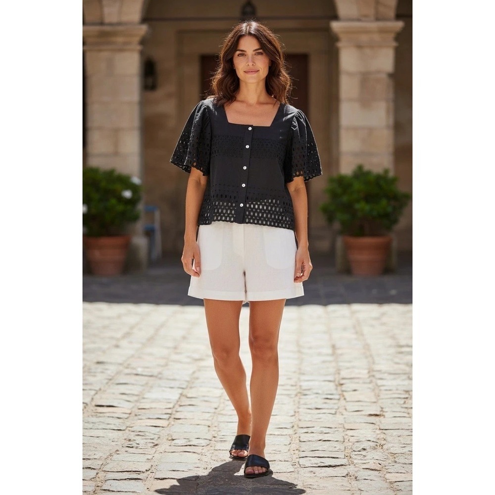Calypso St. Barth Black Eyelet Lace Puff Sleeve Blouse- Size M - Summer Cotton